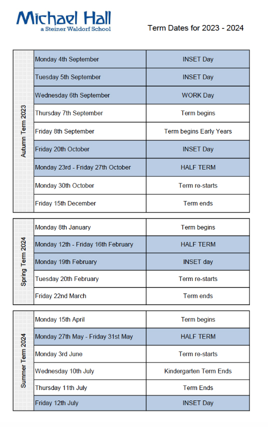 michael hall term dates 2023 - 2024